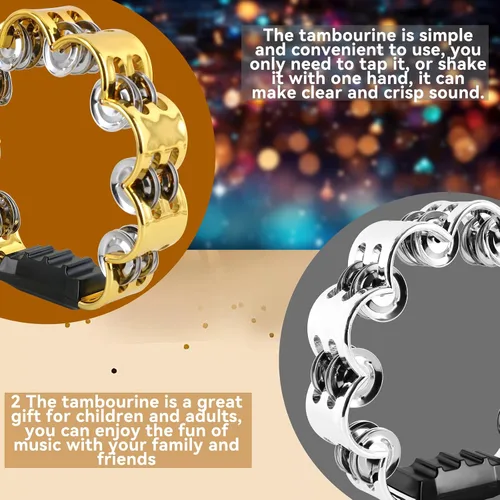 Miniatura 6 de EASTROCK - Pandereta de música, instrumento de percusión de fila única, campana de metal con flores, pandereta de mano, tambor de mano de metal