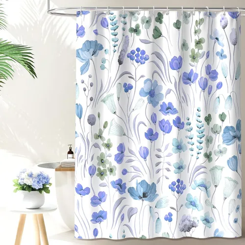 QiyI Cortina de ducha con diseño floral de acuarela, flores y hojas, primavera, decoración del hogar, lavable a máquina, juego de cortina de ducha