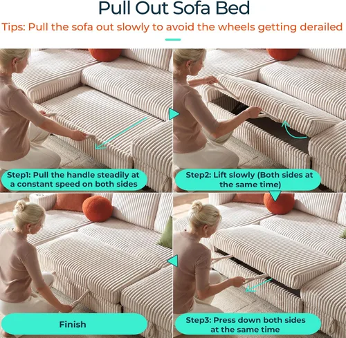 Miniatura 5 de LINSY HOME - Sofá cama seccional con sofá cama extraíble, sofá de corduroy mullido convertible en forma de nube con chaise longue de almacenamiento