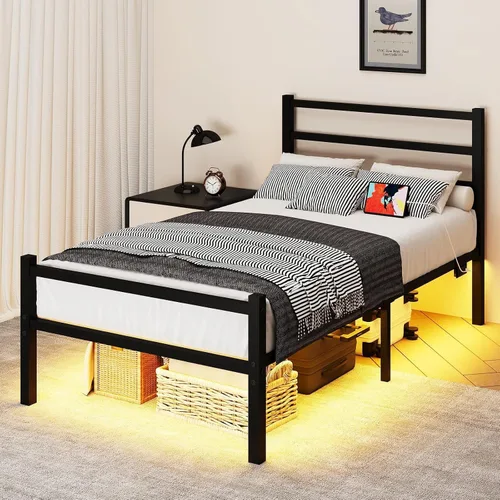 REVOMINCA Marco de cama individual para niños, marco de cama de plataforma de metal tamaño individual con estación de carga y luces LED, marco de