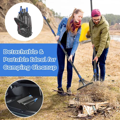 Miniatura 7 de Rastrillo de jardín ajustable para hojas - Rastrillo de metal resistente con cabeza expandible de 8-17" de largo, mango largo para césped, arbustos