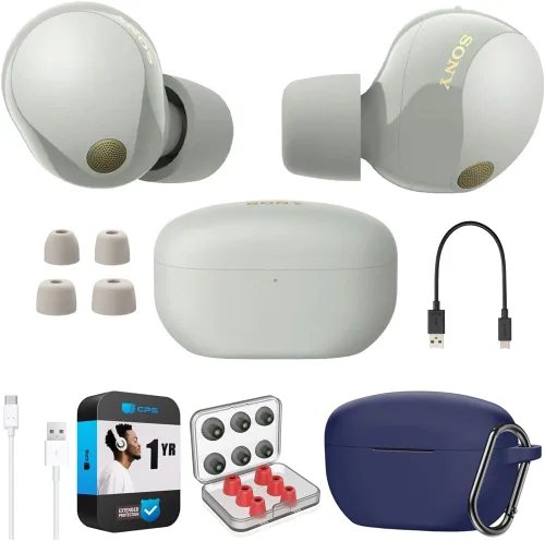 Sony WF-1000XM5 - Paquete de auriculares verdaderamente inalámbricos con cancelación de ruido (plateado) con funda de silicona (azul), puntas de
