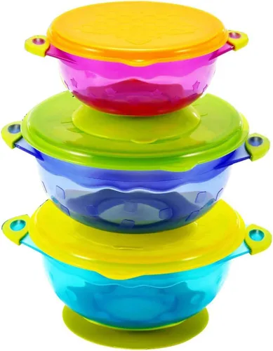 PandaEar Cuencos apilables con ventosas para bebés, a prueba de derrames, 3 tamaños para niños pequeños, con tapas seguras, sin BPA