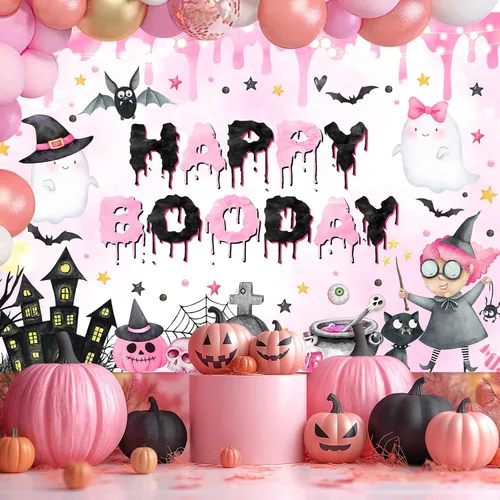 Miniatura 4 de Avezano Telón de fondo rosa de 7 x 5 pies, decoración de fiesta de cumpleaños de Halloween para niñas, suministros de pancartas de Halloween