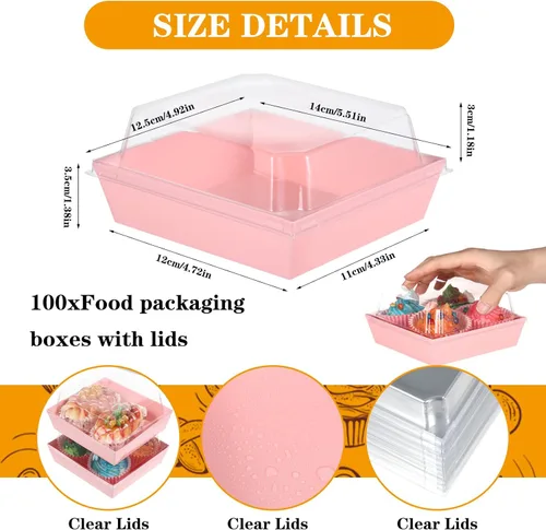 Miniatura 2 de Paquete de 100 cajas de charcutería con tapas transparentes de 5 pulgadas, cajas de galletas desechables para pasteles, cajas de papel para postres