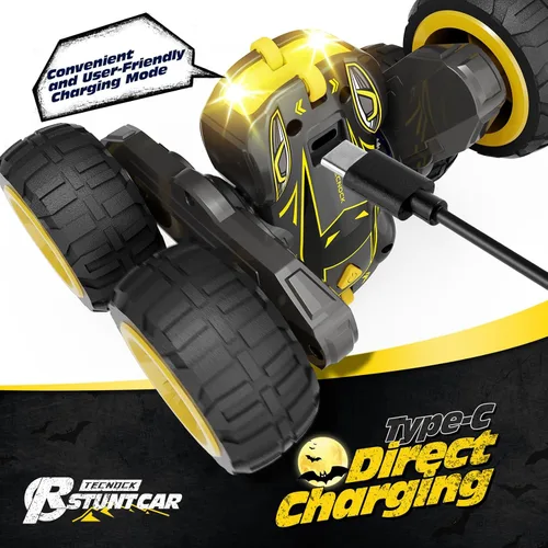 Miniatura 3 de Tecnock - Auto a control remoto para niños, autos RC de 2.4GHz con carga fácil USB-C, 4WD doble cara que gira 360° y voltea, auto de acrobacias RC
