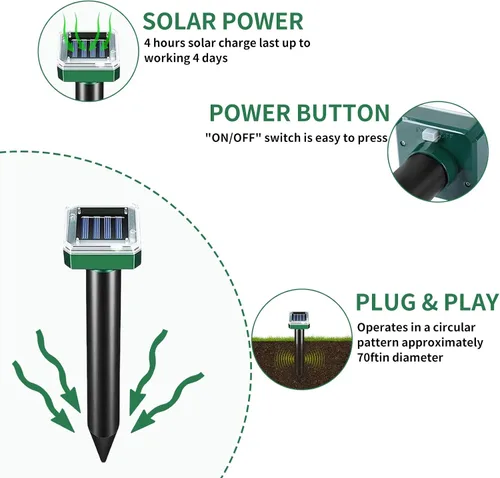 Miniatura 2 de Repelente vibratorio de suelo alimentado por energía solar: mantén a ratas, serpientes, conejos y erizos lejos de tu jardín, césped, patio, granja