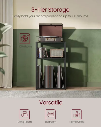 Miniatura 4 de VASAGLE Soporte para tocadiscos, mesa auxiliar de 3 niveles, almacenamiento de discos de vinilo hasta 100 álbumes, mesa auxiliar para sala de estar