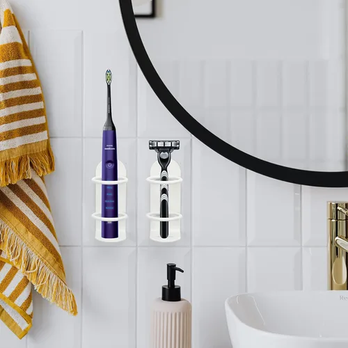Miniatura 5 de Paquete de 2 soportes eléctricos para cepillos de dientes que se adhieren a la pared, soporte eléctrico de metal para cepillado de dientes, Blanco