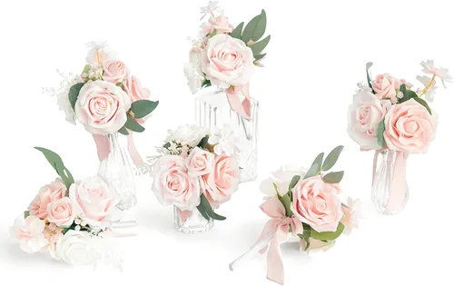 Miniatura 6 de Ling's moment Juego de 6 mini ramos de flores de boda color burdeos y negras para dama de honor, prefabricados, pequeños, florales, granate