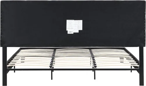 Miniatura 7 de Base de cama tamaño King, moderna cama tapizada con cabecero, base de cama pesada con soporte de listones de madera, fácil montaje, no necesita