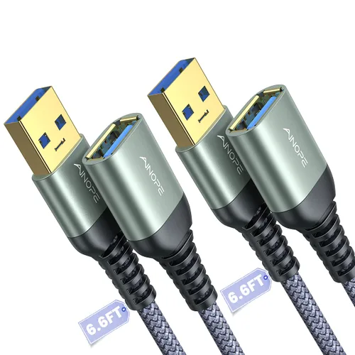 AINOPE - Pack de 2 cables de extensión USB de alta velocidad USB 3.0, tipo A, macho a hembra. Cable de extensión de material trenzado resistente,