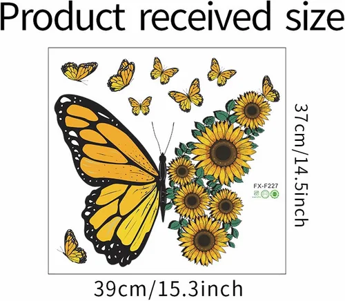 Miniatura 6 de Calcomanías de pared cálidas de girasol y mariposas, diseño de mariposas amarillas, calcomanías de pared removibles de vinilo para despegar y pegar