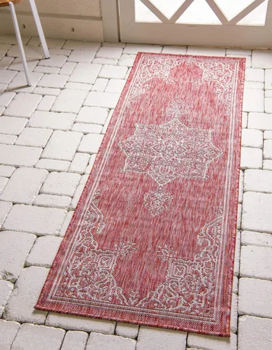 Unique Loom Outdoor Traditional Collection - Alfombra de área, estilo antiguo (2' x 6' 1", color rojo óxido/gris)