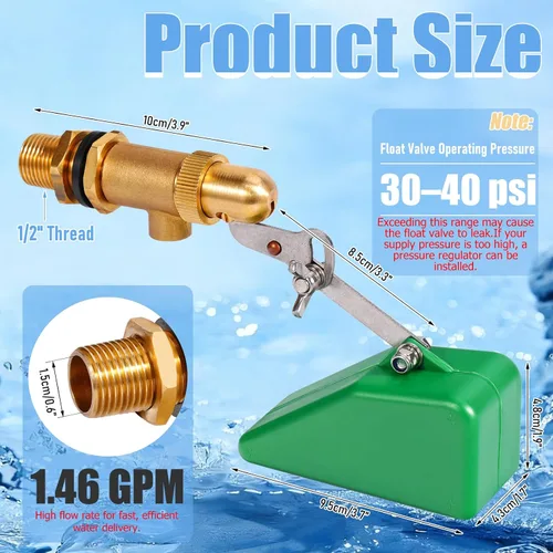Miniatura 3 de Válvula de flotador de latón de 1/2 pulgada con brazo ajustable, válvula controladora de nivel de agua de 40 PSI, válvula de bola de flotador