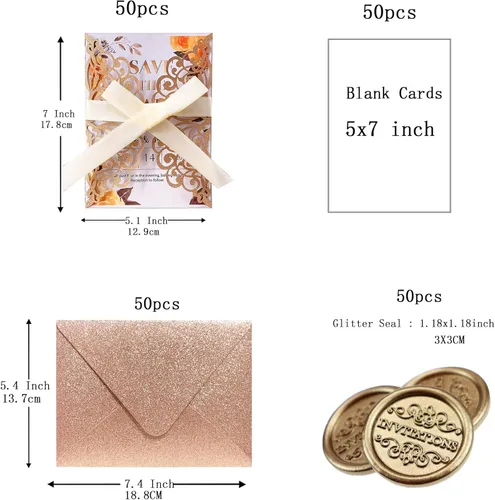 Miniatura 2 de 50 invitaciones de boda cortadas con láser con sobres con purpurina y cintas, tarjeta en blanco personalizada, invitaciones para quinceañera, Oro