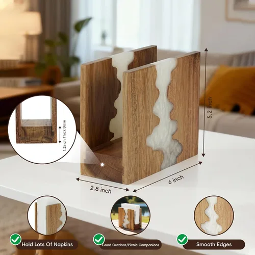 Miniatura 3 de Servilletero de madera de acacia para mesa, hecho a mano con diseño único de ondas y base resistente de 1.2 in para mesa de cocina, comedor, Blanco