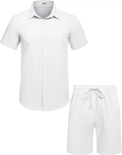 Miniatura 24 de COOFANDY Conjunto de 2 piezas de algodón y lino para hombre, camisas de manga corta con botones, pantalones cortos de playa de verano, trajes