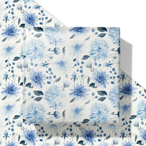 SaringSwoon Papel de regalo floral azul y blanco para mujeres y niñas, envoltura de regalo de acuarela con diseño de flores azules para cumpleaños,