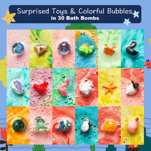 Miniatura 8 de 30 bombas de baño para niños con sorpresa en el interior, juego de regalo con 30 juguetes únicos de animales terrestres y marinos, bombas de baño