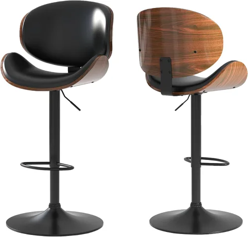 Juego de 2 taburetes de bar giratorios ajustables, modernos taburetes de bar de madera curvada con base de metal grande y reposapiés, silla de bar