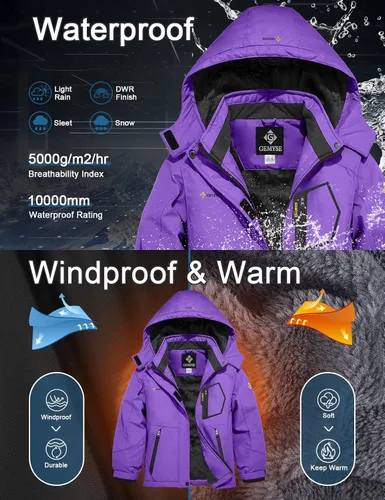 Miniatura 5 de GEMYSE Chaqueta de esquí impermeable para niña con forro polar, resistente al viento, para snowboard