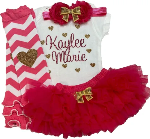 Miniatura 7 de Traje personalizado de baby girl para baby shower, con nombre personalizado con purpurina y corazón, tutú con diadema y calentadores de piernas