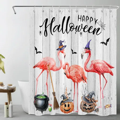 Miniatura 33 de LB Cortina de ducha de feliz Halloween para baño, flamenco rosa y calabaza naranja con sombrero mágico, cortina de ducha de tela con ganchos, juego