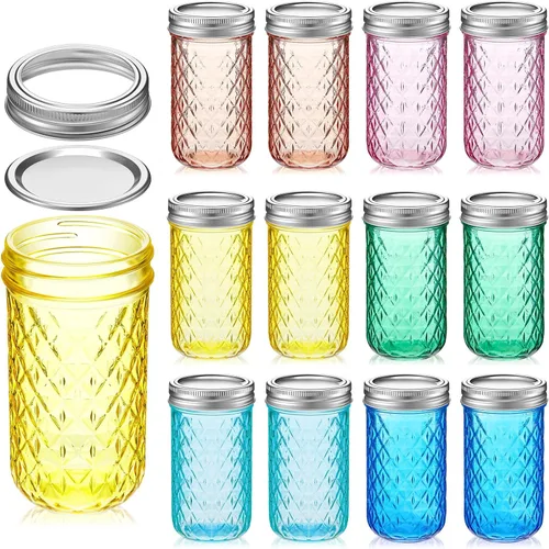 Zhehao 12 tarros Mason de colores de 12 onzas con tapas, decoraciones de Navidad, tarros de masón de bricolaje, tarros para fermentación, decapado,