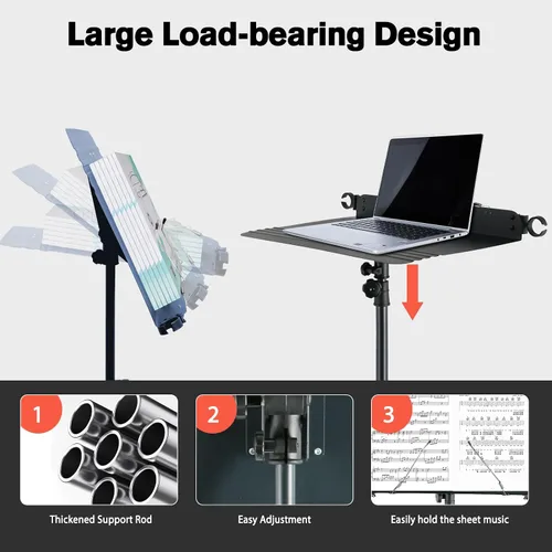 Miniatura 4 de RANMING Soporte de música resistente de doble uso, plegable, para partituras, soporte ajustable para notas musicales con soporte para micrófono, Azul