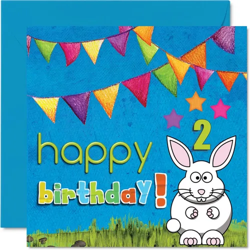 Tarjeta de 2º cumpleaños para niño y niña, conejo, tarjeta de feliz cumpleaños para niño de 2 años, tarjetas de cumpleaños para ella y él, tarjeta