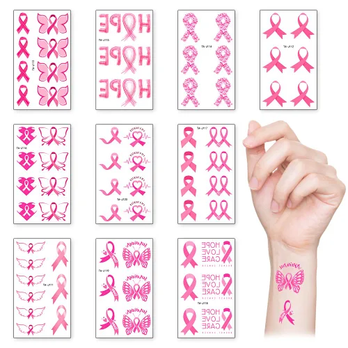 10 hojas de tatuajes temporales – cintas rosas, conciencia sobre el cáncer de mama, tatuajes falsos para mujeres, recaudación de fondos, eventos de