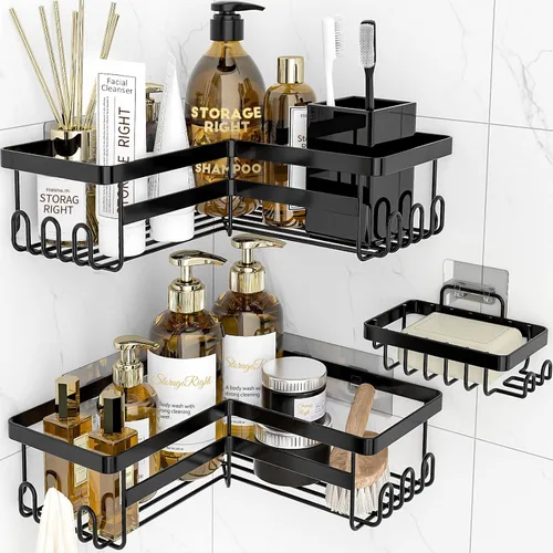 StorageRight Organizador de ducha de esquina, paquete de 3 accesorios de baño adhesivos con soporte para jabón, estante organizador de ducha de