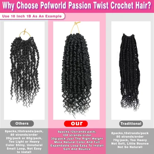 Miniatura 5 de 9 paquetes de cabello pretrenzado Passion Twist de 10 pulgadas, cabello de ganchillo Passion Twist con ombre marrón, trenzas de ganchillo bohemio