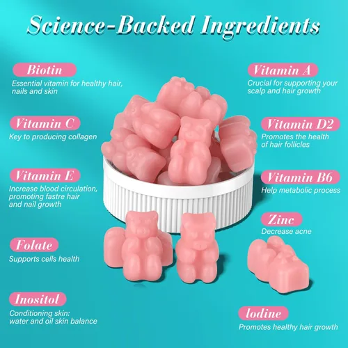 Miniatura 4 de Gomitas de biotina, vitaminas para la piel y las uñas para hombres y mujeres, vitamina B7 vegana, apoya el crecimiento del cabello y uñas más