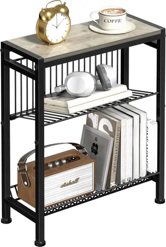 Miniatura 14 de Mesa auxiliar pequeña para espacios pequeños, mesa auxiliar estrecha de 3 niveles con portarevistas, mesita de noche delgada, mesa delgada para Gris
