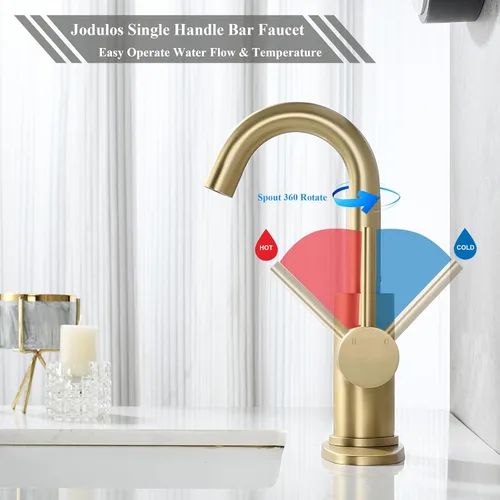 Miniatura 3 de Grifo de lavabo de barra dorado cepillado con placa de cubierta y líneas de suministro, de un solo agujero, de acero inoxidable, de un solo mango