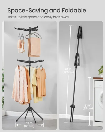 Miniatura 71 de SONGMICS ULLR510B01 - Estante de secado de ropa plegable de 59 pulgadas con 3 brazos giratorios para perchas, 4 patas, acero inoxidable, para 27
