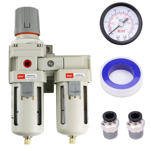 RIH Sistema de secado de aire - Filtros de aire dobles NPT de 1/2 pulgada, filtro de partículas de 5 micras y regulador de presión de aire, calibre