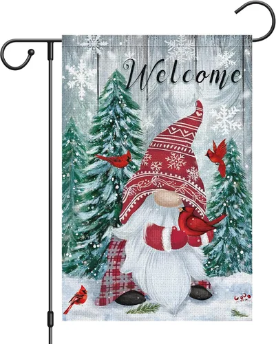 Heyfibro Banderas de Jardín de Gnomos de Invierno Navideño de Bienvenida 12x18 de Doble Cara Arpillera Cardenales Copos de Nieve Nieve Estandarte de