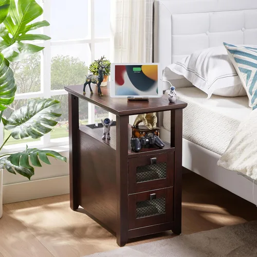 Miniatura 6 de HDDDZSW - Mesa auxiliar de granja XXL con estación de carga; mesa auxiliar estrecha con puertos USB y tomas de corriente, mesita de noche con 2