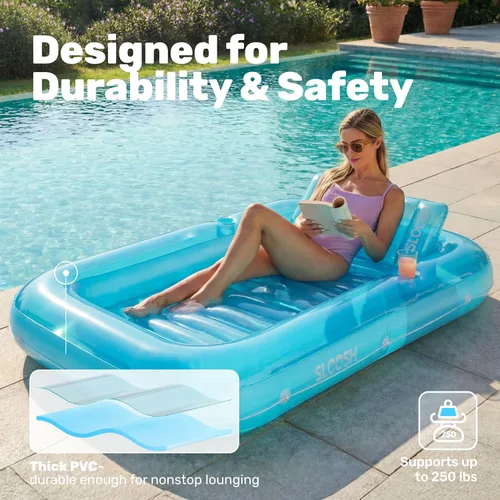 Miniatura 5 de SLOOSH Flotador inflable, camastro para adultos, con almohada, 178 x 117 cm, 4 en 1: balsa-tina bronceadora, camastro para tomar el sol, fiestas Azul