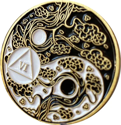 RecoveryChip Medallón AA de 6 años Sakura Árbol Flor de Cerezo Ying Yang Medallón de Oración de Serenidad Blanco y Negro, Pequeño, Latón, No es una