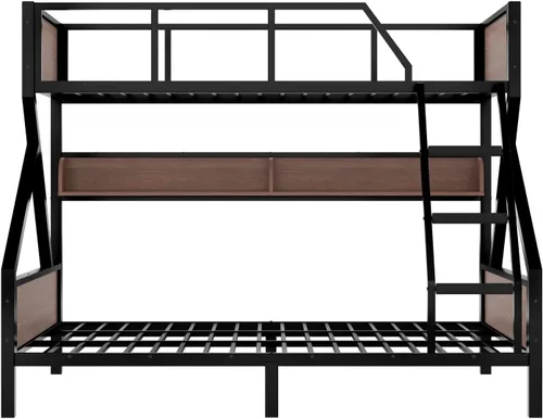 Miniatura 9 de Litera individual XL sobre Queen con estantes de almacenamiento, luz LED y escaleras, marco de cama de metal resistente con tabla de madera