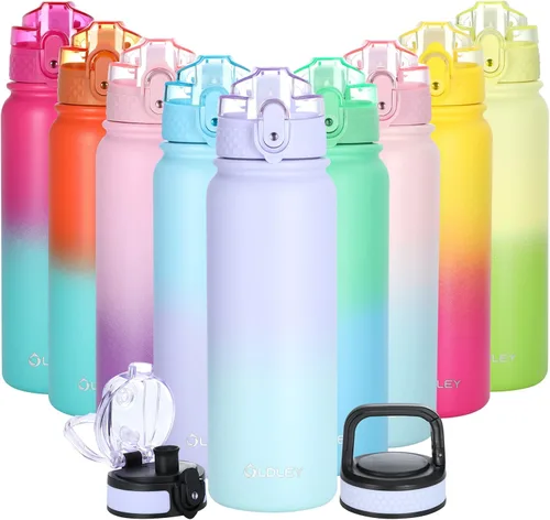 Miniatura 11 de Oldley Botella de Agua Aislada con Pajilla de 20oz, Botellas de Agua de Acero Inoxidable con 3 Tapas, Aislamiento al Vacío de Doble Pared Térmica