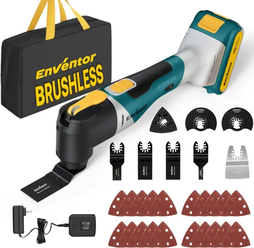 Enventor Multiherramienta oscilante inalámbrica de 20 V, sierra oscilante sin escobillas con 28 accesorios, cargador rápido, 6 velocidades Amarillo