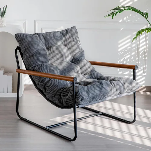 MAXYOYO Silla de Acento Moderna, Silla Cómoda de Sala de Estar con Marco de Metal y Reposabrazos de Madera, Sillón Tapizado con Cojín Suave para