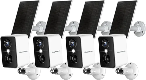 Septekon 2K Cámaras de seguridad inalámbricas para exteriores, paquete de 4, cámara alimentada por batería solar con dos focos, detección de 1080P