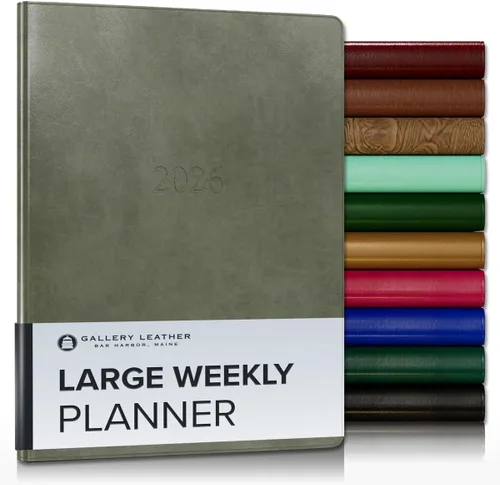 Gallery Leather Agenda semanal y mensual grande 2025-2026, agenda y cuaderno con elegantes bordes de página dorados dorados, 12 meses, cactus Cactus
