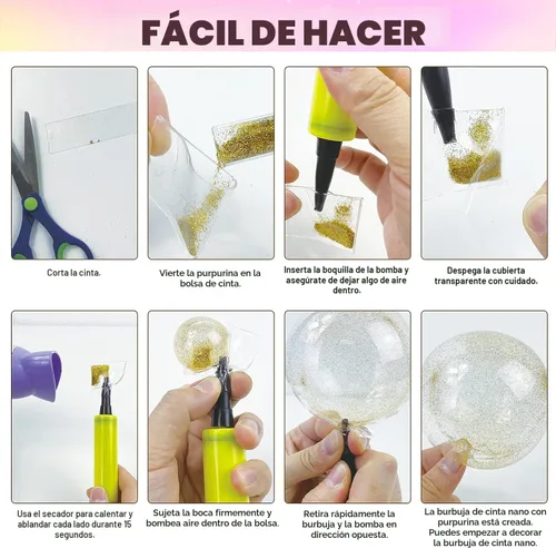 Miniatura 4 de Kit de burbujas de nano cinta, versión de globo de agua con cinta de doble cara de 9.8 pies y juguete de jeringa, kit de manualidades para niños